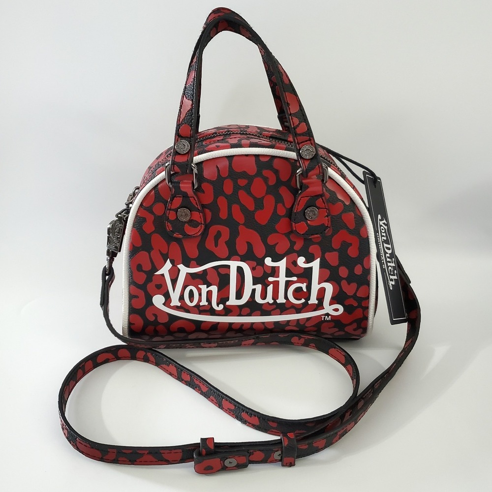 New Von Dutch Bag Purse Black Red Cheetah Print Bowling Crossbody Strap Y2K Logo